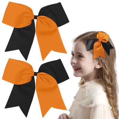 2PCS 8" Jumbo Cheer Bow Clip with Tails, Oaoleer Large Cheerleading Hair Bows for Girls Teen Softball Cheerleader Outfit Uniform (Orange/Black)
