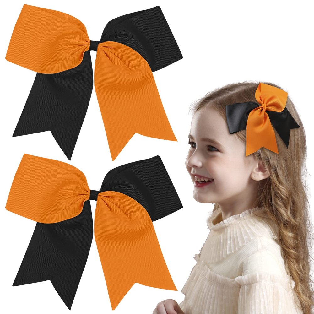 2PCS 8" Jumbo Cheer Bow Clip with Tails, Oaoleer Large Cheerleading Hair Bows for Girls Teen Softball Cheerleader Outfit Uniform (Orange/Black)
