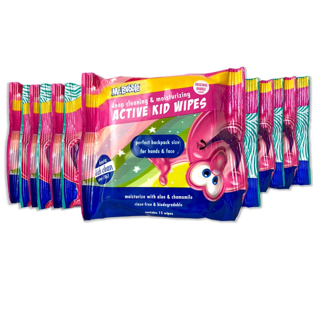 Mr. Bubble Moisturizing Kids Gentle Face and Hand Wipes, Travel Size Biodegradable Deep Cleaning Towelettes Made with Hydrating Aloe Vera and Chamomile (Pack of 12 Pouches, 15 Wipes Each)