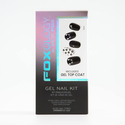 Foxology Semi Cured Gel Nail Strips Kit, Vegan & Cruelty Free, Glossy Black Cat Paw Print Design, Includes 30 Nail Strips, Top Coat, Prep Pad, Cuticle Stick, Nail File, MEOW, 1 Count