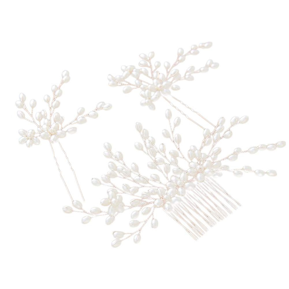 KALLORY 3pcs Vintage Beaded Hair Comb u Shape Hairpins Set Elegant Bridal Headdress for Wedding Prom Party Engagement Golden Hair Accessories for Brides Bridesmaids