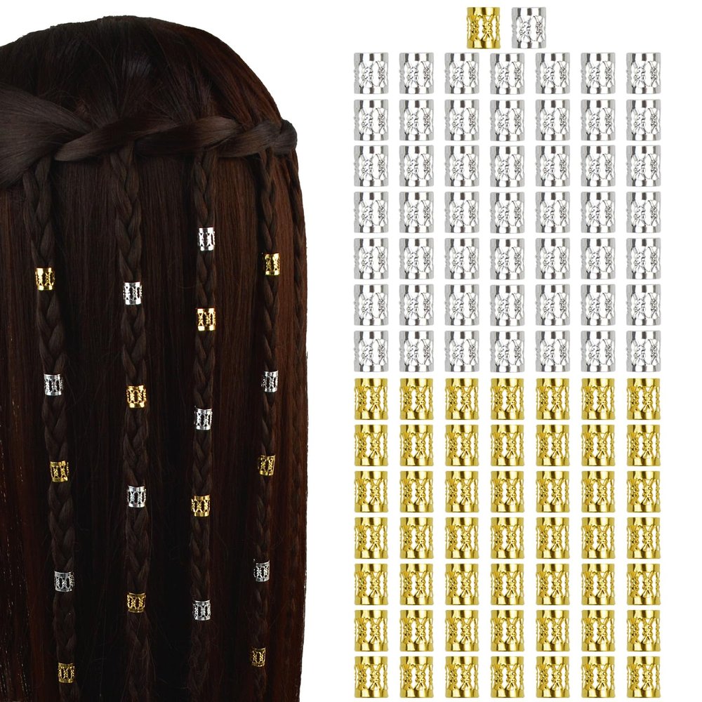 100 Pcs Dreadlocks Beads Metal Hair Cuffs Hair Braiding Rings Braid Clips for Women Hair Accessories (Gold and Silver)