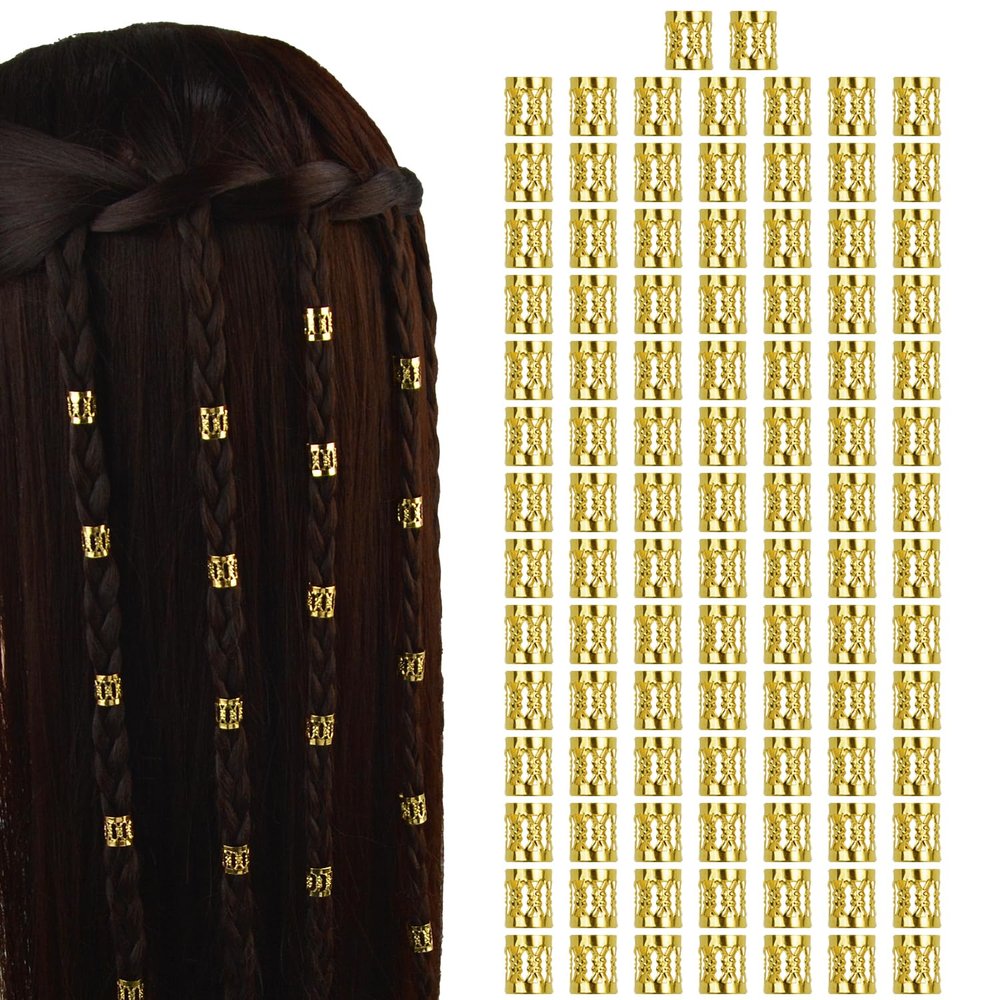 100 Pcs Dreadlocks Beads Metal Hair Cuffs Hair Braiding Rings Braid Clips for Women Hair Accessories (Gold)