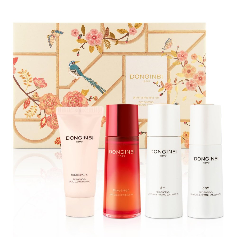 Donginbi Red Ginseng Essential Skin Care Set - Firming Moisturizer(1.69 floz), Hydrating Toner(2.37 floz), Korean Red Ginseng Essence(2.37 floz), Pore Cleaner(1.69 floz), Korean Skin Care
