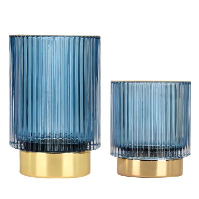 DASITON Makeup Brush holder Organizer,Crystal Cosmetic Makeup Brush Glass Brushes Storage Holder, Vintage Make Up Brush Cup Pen Pencil Holder striped vase(Blue S+L)
