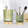 DASITON Makeup Brush holder Organizer,Crystal Cosmetic Makeup Brush Glass Brushes Storage Holder, Vintage Make Up Brush Cup Pen Pencil Holder striped vase(Green S) view 2
