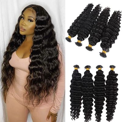 RJ Hair 30inch Deep Curly I Tip Human Hair Extension Pre Bonded Brazilian Remy Microlinks Keratin Deep Wave Stick 100Strands (28inch 100Strand, #2(Darkest Brown))
