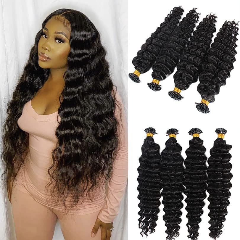 RJ Hair 30inch Deep Curly I Tip Human Hair Extension Pre Bonded Brazilian Remy Microlinks Keratin Deep Wave Stick 100Strands (28inch 100Strand, #2(Darkest Brown))