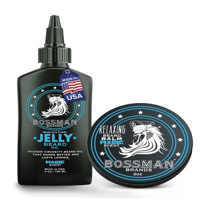 Bossman Jelly Beard Oil for Men & Beard Balm for Men Combo - Softens, Tames Moisturizes & Conditions - Magic Scent - Natural Ingredients & Made in USA