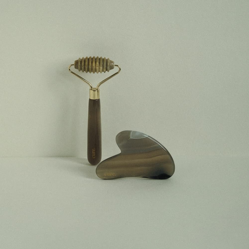 CURE. Gua Sha & Face Roller Set  Premium Natural Agate Stone Tools for Facial Massage, Sculpting, Lifting & Toning