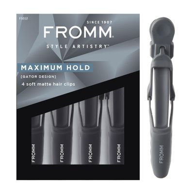 Fromm Professional Gator Hair Clips, 4.5", Double-Sided Teeth for Secure Sectioning on Wet or Dry Hair, Soft Matte Finish, Black, Pack of 4