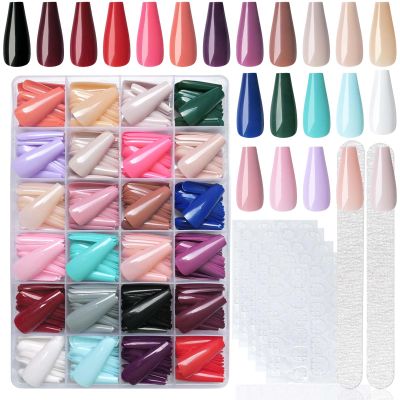 LoveOurHome 576pc Coffin Press on Nails Long Colored Fake Nails Tips Full Cover Medium Ballerina Press on Nail Acrylic Artificial False Fingernails Manicure Decor