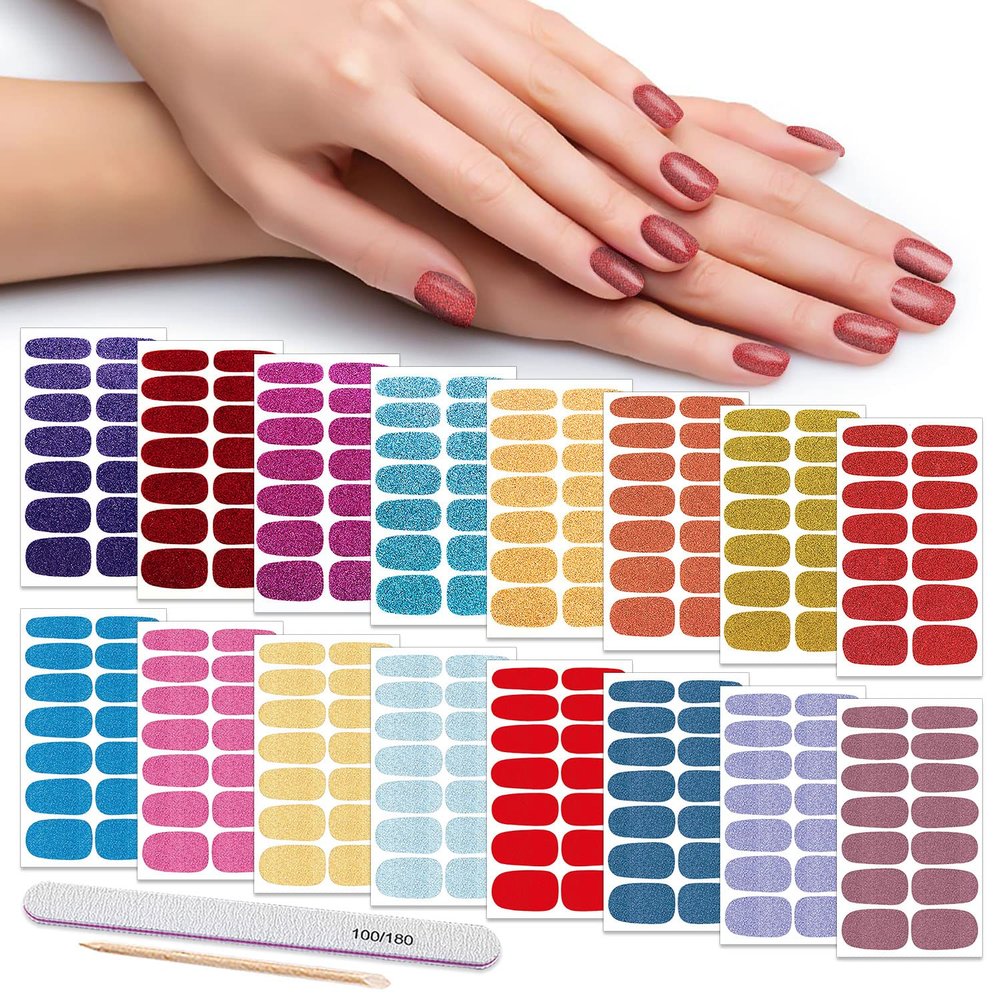 DANNEASY 16 Sheets Nail Wraps for Women Nail Polish Strips Solid Self Adhesive Gel Nail Stickers Gel Strips Nails Art Accessories with 1pc File, Cuticle Stick (Glitter)