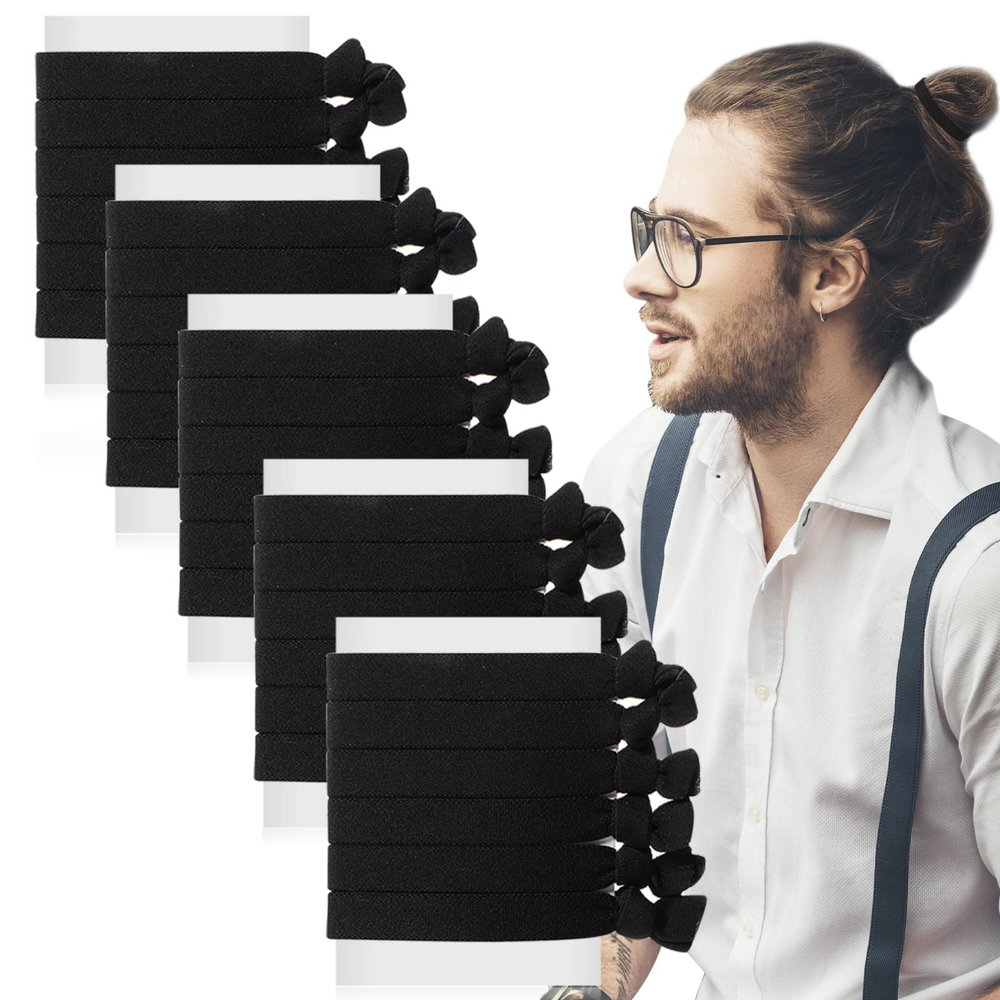 30 Pcs Knotted Elastic Flat Hair Ties for Men's Long Curly Hair, No Crease Man Bun Ties (Black)
