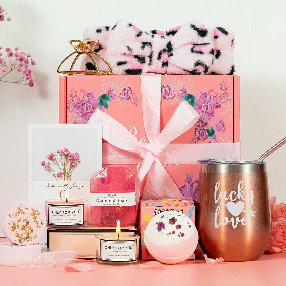 Valentine Gifts For Women Best Friend, Pink Relaxing Spa Gift Box Basket For Her, Unique Gifts for Women Mom Sisters Wife Girlfriend Who Have Everything, Happy Birthday Tumbler Bath Gift Boxes Set