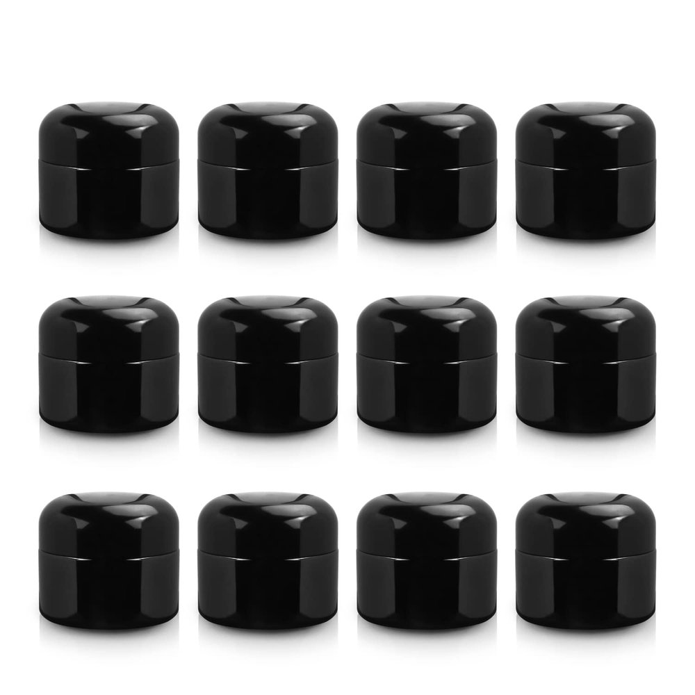 12 Pack 1oz Black Matte Glass Jars,Empty Round Storage Travel Containers with Black Dome Lid & Inner Liners,Refillable Cosmetic Vials for Ointments,Creams,Salve, Lotion-12 Spatulas
