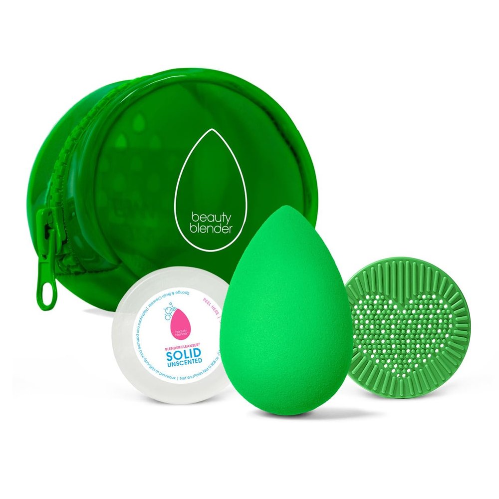 Beautyblender | Besties Bio Pure Blend & Cleanse 4-Piece Starter Set, Bio Pure Makeup Sponge + Solid Unscented Cleanser .558 oz + Silicone Scrub Mat + Travel Case, Made in USA, Vegan, Sustainable