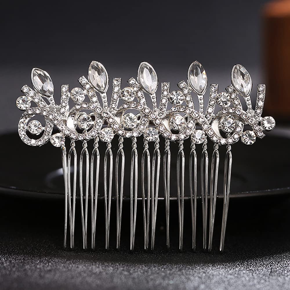 Xerling Women Hair Side Comb Rhinestones Bridal Hair Accessory Bride Wedding Headpiece Silver Crystal Decorative Hair Piece for Girls (Silver)