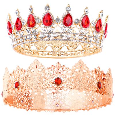 2 Pieces Antique Royal King Crown for Men Baroque Queen Crown for Wedding Birthday Women Crystal Tiara Prom Accessories Graduation Costume Party Hair Accessories