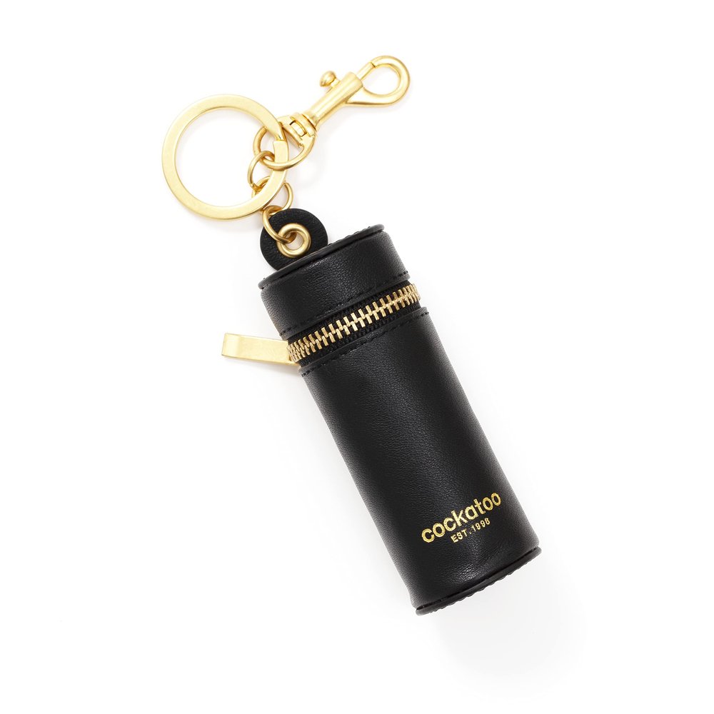 Cockatoo Nappa Leaeher Zipper Lipstick Holder Keychain Chapstick Case with Keyring (Black)