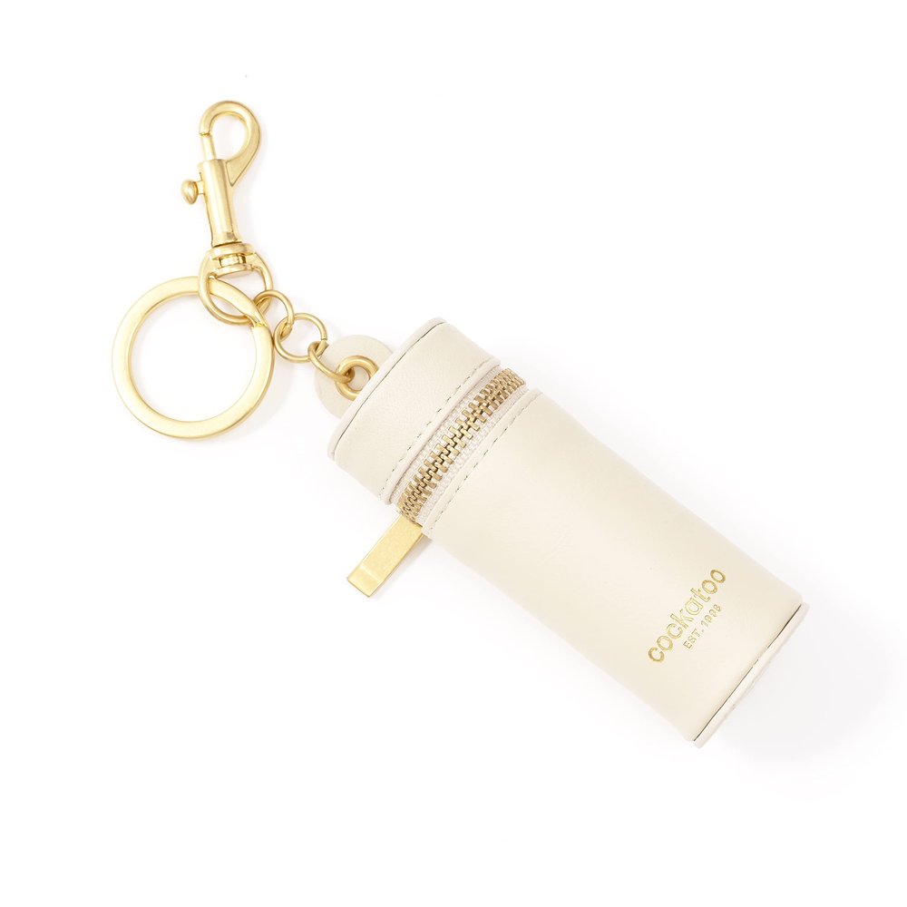 Cockatoo Nappa Leaeher Zipper Lipstick Holder Keychain Chapstick Case with Keyring (Beige)