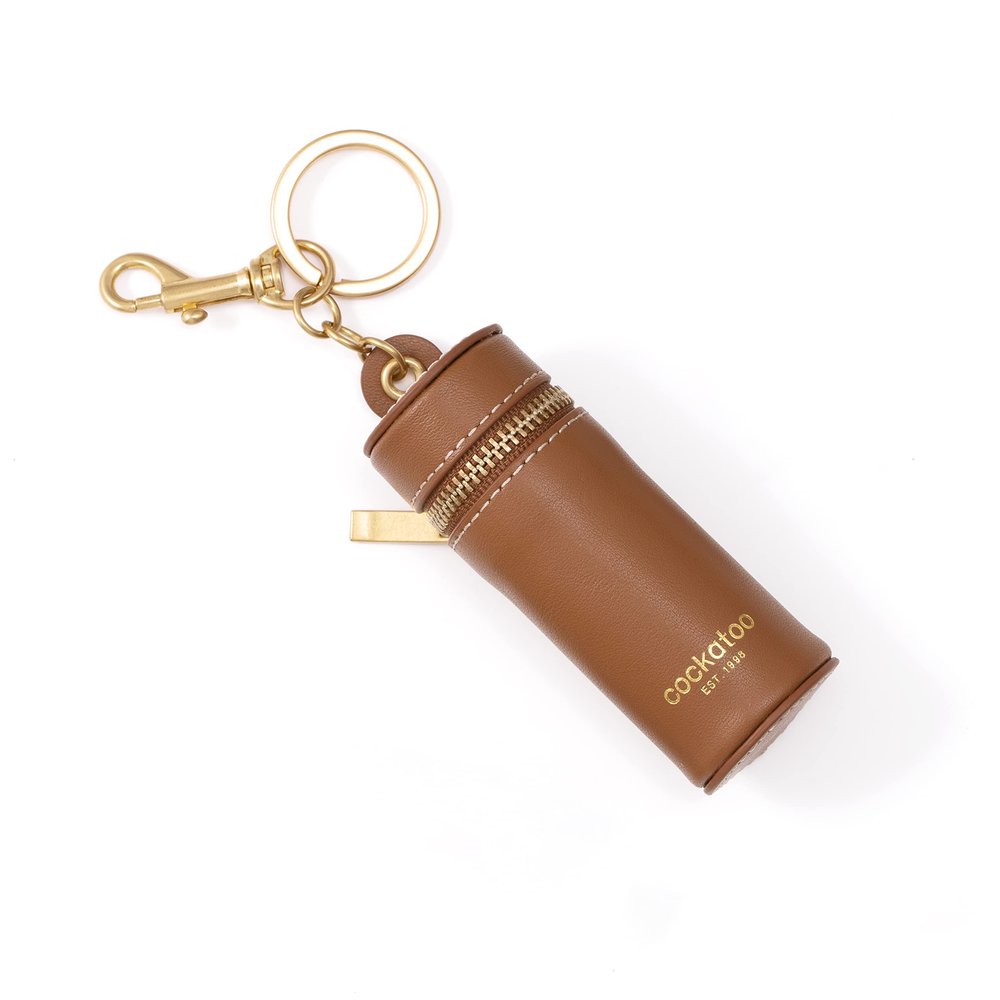 Cockatoo Nappa Leaeher Zipper Lipstick Holder Keychain Chapstick Case with Keyring (Brandy)