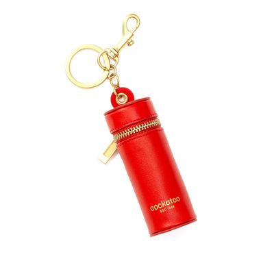 Cockatoo Nappa Leaeher Zipper Lipstick Holder Keychain Chapstick Case with Keyring (TrueRed)