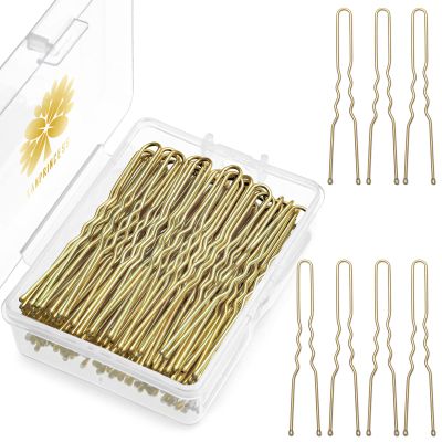 KANPRINCESS 100PCS 2.4Inch U Shaped Hair Pins,Gold Bobby Pins for All Hair Types,Hair Pins for Women,Pain-Free U Pins for Buns With BoxGold