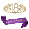 Mayin Happy 18th Birthday Tiara and Sash Gifts Crystal Rhinestone Princess Crown Birthday Girl Party Favor Supplies Gold Crowns Purple Sash view 1