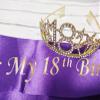Mayin Happy 18th Birthday Tiara and Sash Gifts Crystal Rhinestone Princess Crown Birthday Girl Party Favor Supplies Gold Crowns Purple Sash view 4