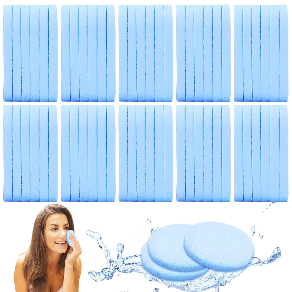 120 Pcs Compressed Facial Sponge,Face Cleansing Sponges,Makeup Removal Pads,Round Face Washing Sponge for Spa,Exfoliating,Women,Girls,Blue