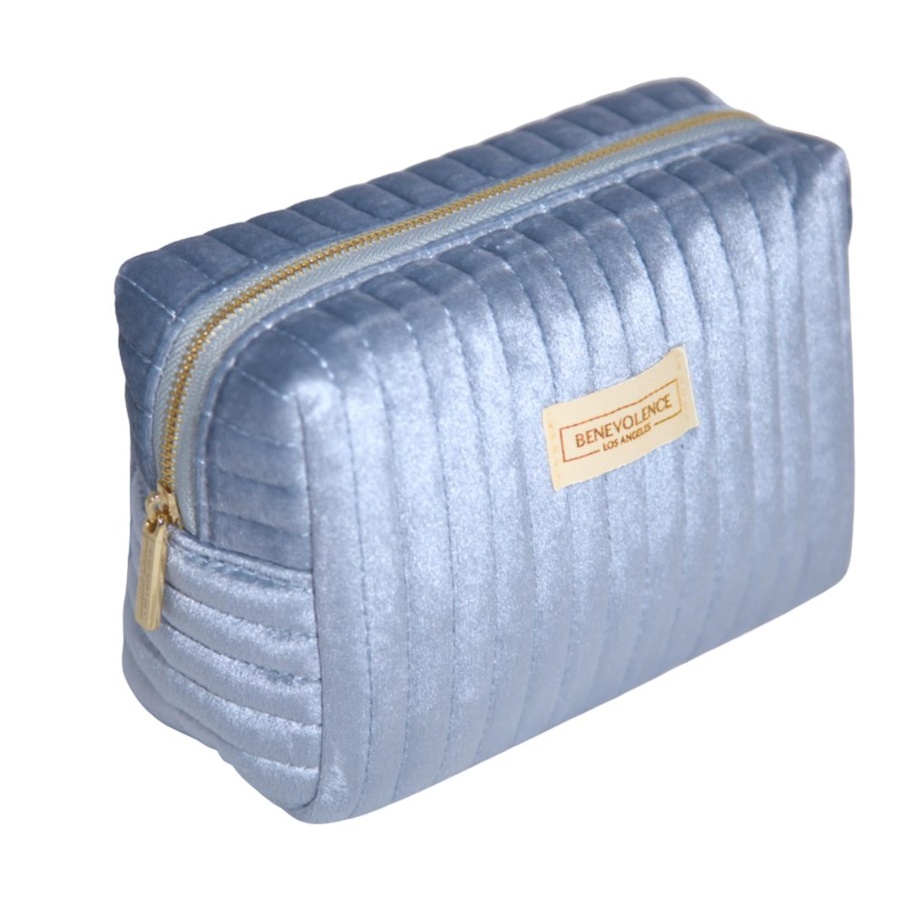 Benevolence LA Plush Velvet Small Makeup Bag for Purse | Cosmetic Pouch, Travel Toiletry Organizer for Women, Quilted Bag for Accessories - Periwinkle Blue