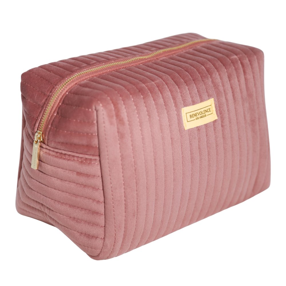 Benevolence LA Plush Velvet Large Makeup Bag for Travel | Cosmetic Pouch, Toiletry Organizer for Women, Large Capacity Bag for Accessories, Quilted Purse - Dusty Pink