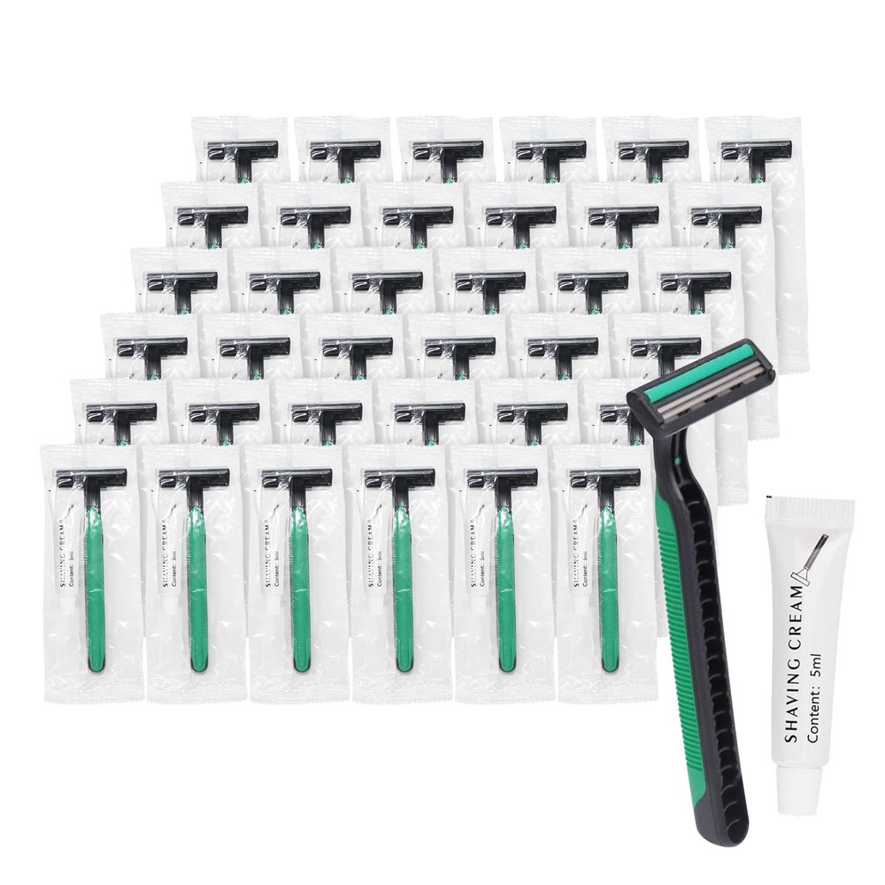 disposable razors in bulk, razors with knife cap, individually packaged disposable bulk with shaving cream for hotels, shelters, homeless, nursing homes, charities, churches (100 pieces)