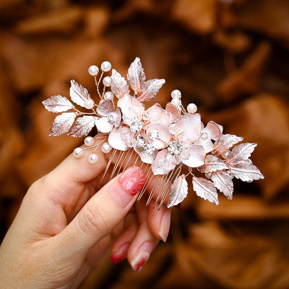 Foyte Crystal Bride Wedding Hair Comb Leaf Bridal Headpieces Rhinestone Flower Hair Pieces Pearl Bridesmaid Side Combs Hair Accessories for Women (pearl)