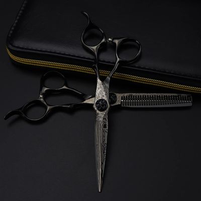 WGGTX Professional Hair Cutting Shears, Professional 6 inch Black Damascus hair cutting scissors Flower screw haircut thinning barber cut shears Hairdressing scissors (Color : Set with bag)