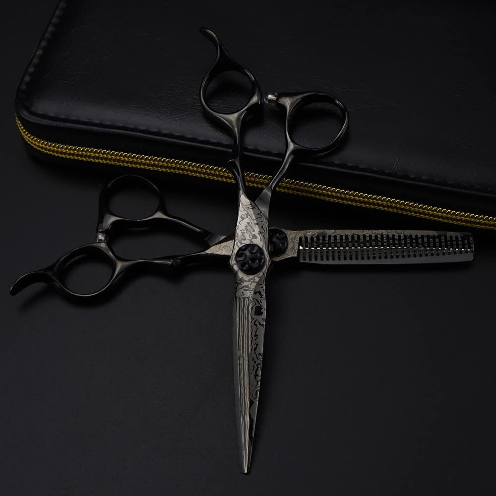WGGTX Professional Hair Cutting Shears, Professional 6 inch Black Damascus hair cutting scissors Flower screw haircut thinning barber cut shears Hairdressing scissors (Color : Set with bag)