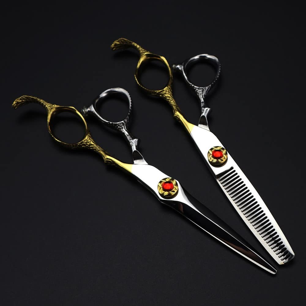 Professional Hair Cutting Shears, Professional Japan 440c steel 6 inch scissor Snake handle hair scissors haircut thinning barber hair cutting shears hairdressing scissors (Color : Set)