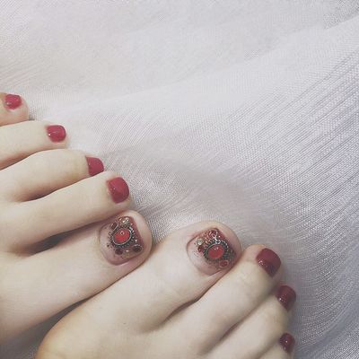 Light Rain Press on Toenails - Mistery, 3D Red Fake Toenails for Women, Reusable 7 Layers Gel UV Finish Hand Painted Vintage Ethnic Bohemian Art by Professional Manicurist, Short Square, Large Size