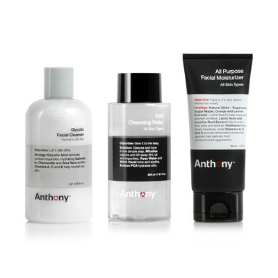 Anthony Back To Basics Set, Glycolic Facial Cleanser for Men Witch Hazel Toner for Face Kind Cleansing Water and All-Purpose Facial Moisturizer - Mens Hydrating Lotion for Dry Skin