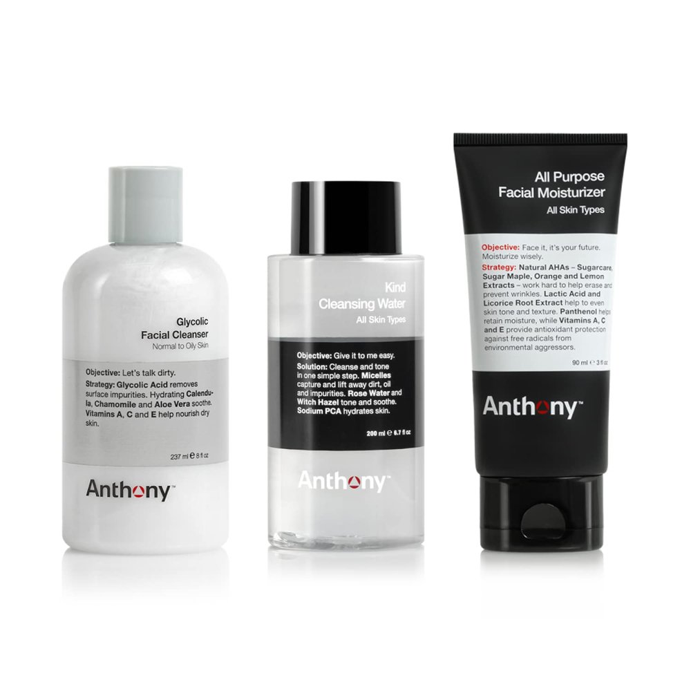 Anthony Back To Basics Set, Glycolic Facial Cleanser for Men Witch Hazel Toner for Face Kind Cleansing Water and All-Purpose Facial Moisturizer - Mens Hydrating Lotion for Dry Skin