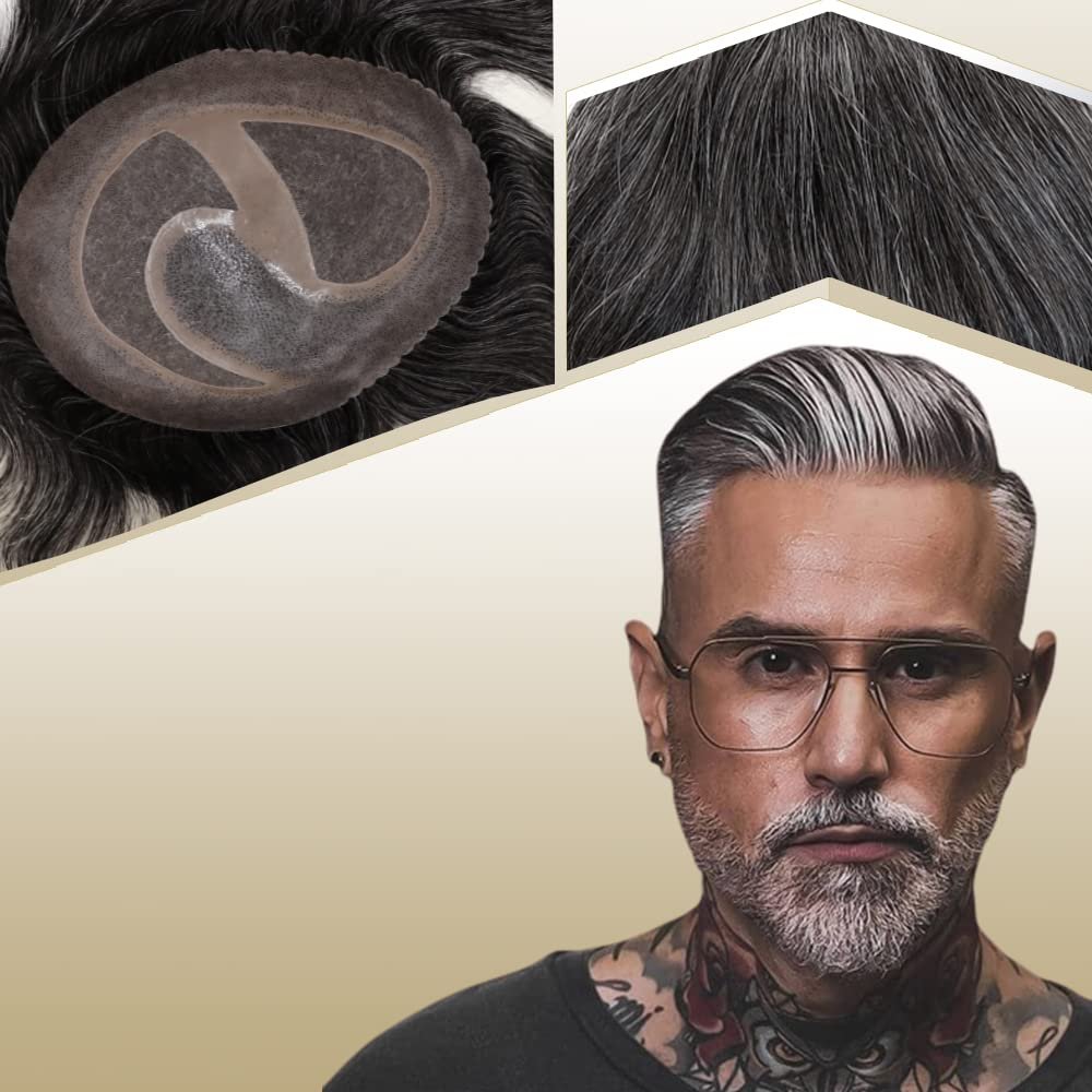Lishy Toupee for Men European Real Human Hair Replacement Systems Men Hairpieces Fino Mono Lace Center Thicker Skin PU Hair Piece for Man Wigs 8x10 Inches 1B Mixed 30% Grey White Hair