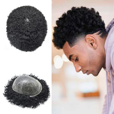 Afro Curl Toupee for Black Men Brazilian Human Remy Hair Replacement System Thin Skin PU Injected African American Mens Hairpieces Kinky Curly Mens Toupee (8MM AFRO WAVE, 1# JET BLACK)