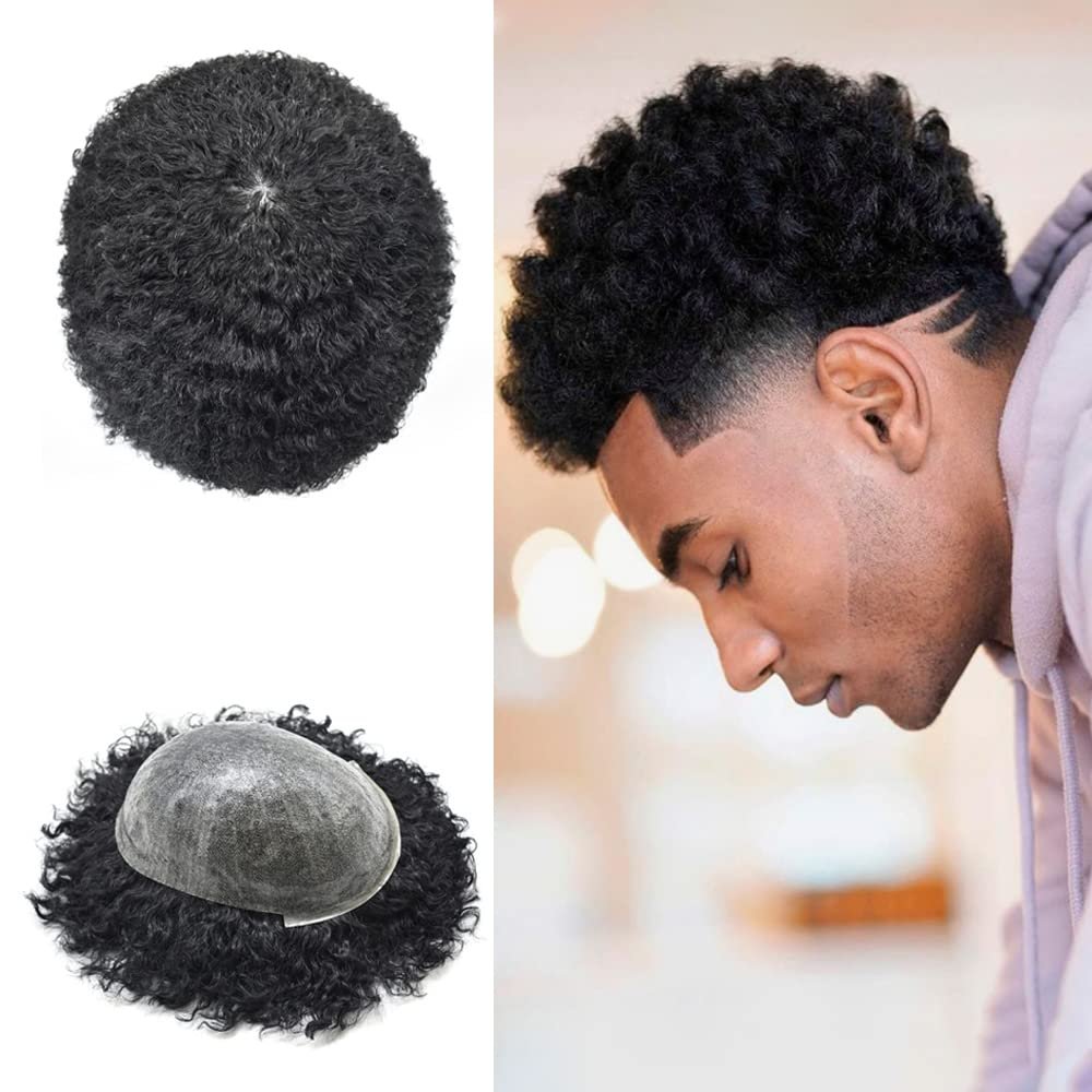 Afro Curl Toupee for Black Men Brazilian Human Remy Hair Replacement System Thin Skin PU Injected African American Mens Hairpieces Kinky Curly Mens Toupee (8MM AFRO WAVE, 1# JET BLACK)