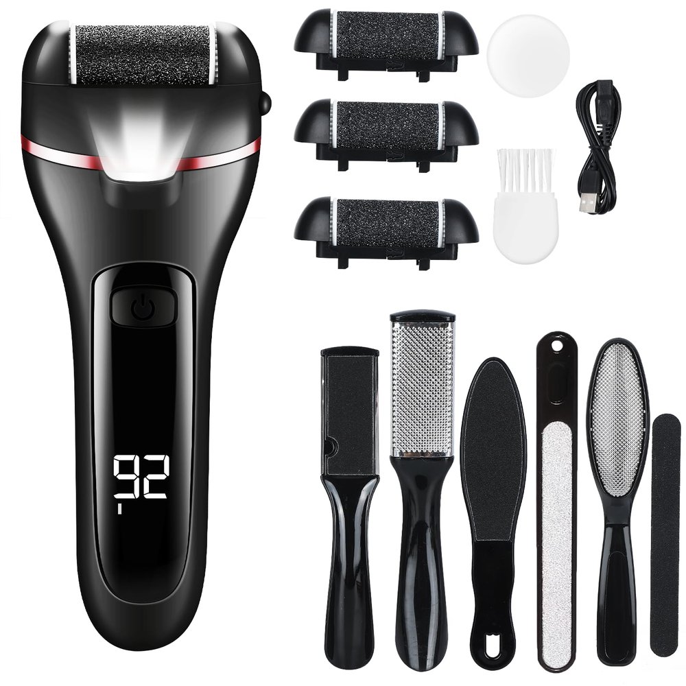 zikillya Electric Foot Callus Remover, 16 Pack Foot File Pedicure Kit Tools,Waterproof Foot Scrubber Dead Skin Remover with 3 Roller Heads & 2-Speed Power Pedicure Tools for Feet Hands Heel (Black)