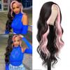 xccoco 28" Long Wavy Highlight Wigs Pink Skunk Stripe Wig Long Body Wave Synthetic Lace Wig Middle Part Black with Pink Highlights Wigs for Women view 1