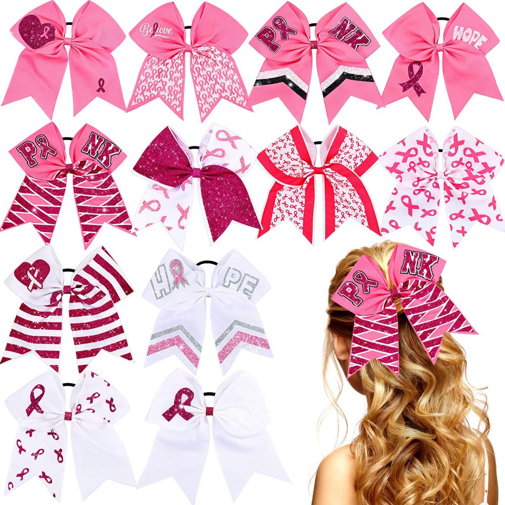 12 Cheer Ponytail Holders with Pink Ribbon Design - 7 Inch Large Elastic Hair Bows, Ties and Hair Bands for Women, 12 Styles - Breast Cancer Awareness Accessories