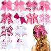 12 Cheer Ponytail Holders with Pink Ribbon Design - 7 Inch Large Elastic Hair Bows, Ties and Hair Bands for Women, 12 Styles - Breast Cancer Awareness Accessories view 1