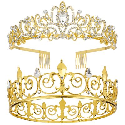 AOPRIE King & Queen Tear Drop Tiara and Crown for Women Men Crystal Hair Accessories for Wedding Prom Bridal Birthday Party Halloween Costume Christmas Gifts Gold Princess Tiara for Girls Boys