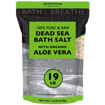 Aromasong 19 lbs RAW Dead Sea Salt with Organic Aloe Vera, not Cleaned, Still Contains All Dead sea Minerals Including Dead sea Mud, Fine Medium Grain Large resealable Bulk Pack - Packaging May Vary